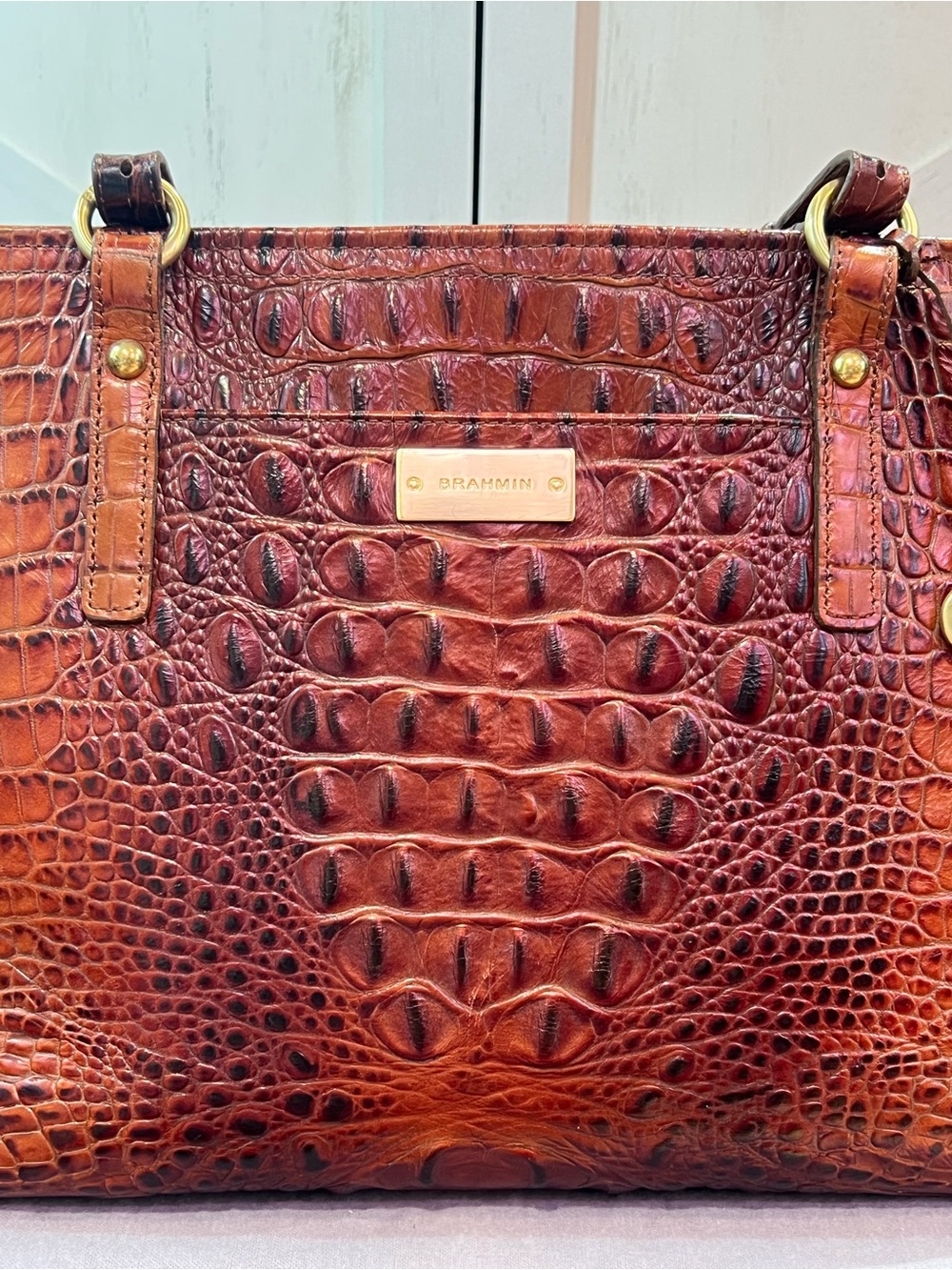 BRAHMIN Medium Asher Pecan Melbourne croc-embossed leather tote Gold hardware - Picture 9 of 15